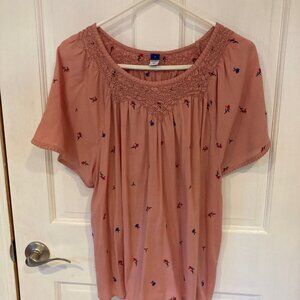 Old Navy Pink Peasant Blouse with Embroidered Flowers